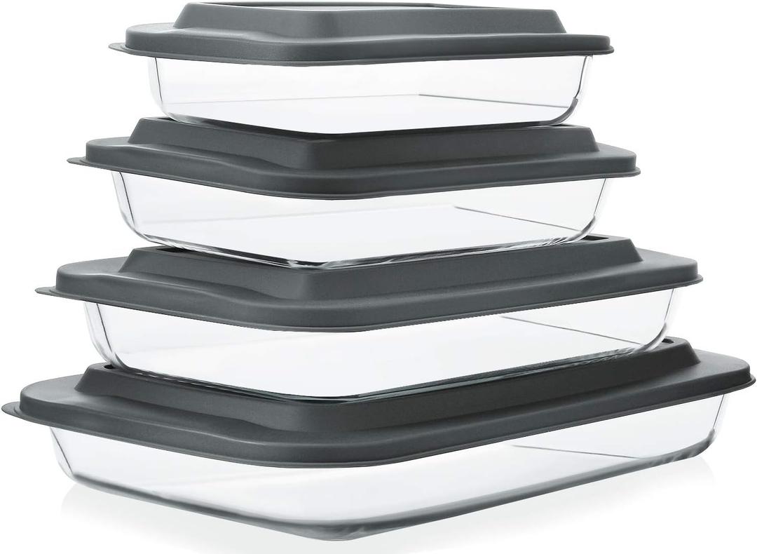 8-Piece Deep Glass Baking Dish Set with Plastic lids, Rectangular Glass Bakeware Set with Lids, Baking Pans for Lasagna, Leftovers, Cooking, Kitchen, Freezer-to-Oven and Dishwasher, Gray