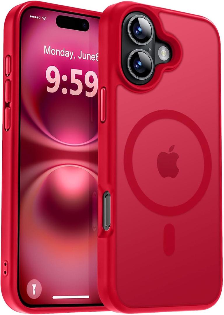 MOCCA Strong Magnetic for iPhone 16 Case, [Compatible with Magsafe][16FT Mil-Grade Drop Protection] Slim Thin Translucent Matte Protective Cover Case for iPhone 16 Phone Case 6.1", Red