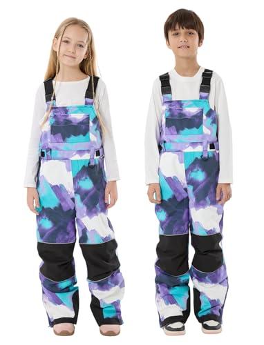 Teen Insulated Ski Bib,Waterproof Snow Overalls, Adjustable Suspenders, Reinforced Kick Patches Purple Tie-dye, 15-16Years