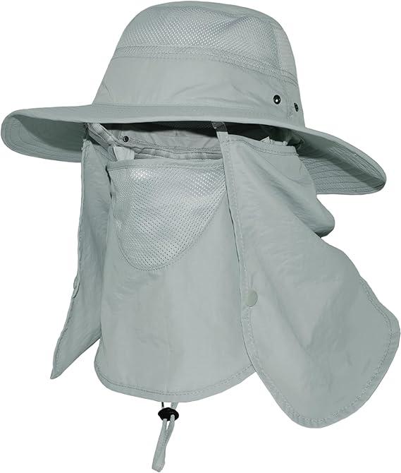 Wide Brim Sun Hat with Detachable Face Cover & Neck Flap Waterproof Safari Fishing UPF 50+ UV Protection Hat for Men Women, One Size