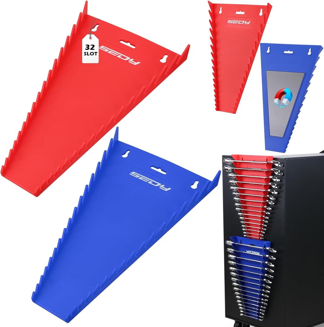 2-Pack Magnetic Wrench Organizer, 32-Slot Premium Wrench Rack Holder Tool Trays for Toolboxes Drawer Storage, SAE (1/4" - 1-1/16") & Metric (6mm - 24mm)