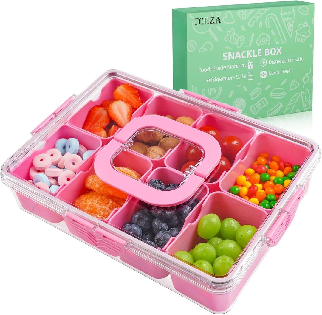 Snackle Box Container, Dishwasher Safety - Divided Serving Tray with Lid and Handle, Charcuterie Board for Portable Snack Platters - Organizer for Fruits Snacks - Perfect for Road Travel Party - Pink