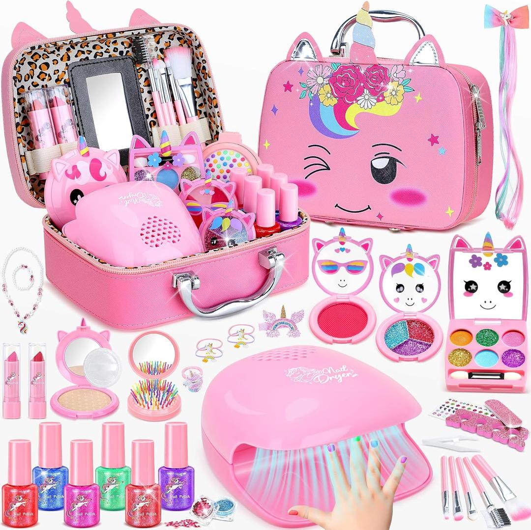 PERRYHOME Kids Makeup Kit for Girl, Non-Toxic Kids Nails Set for Girls with Nail Dryer, Unicorn Real Washable Cosmetic Set, 2026 New Princess Toys & Birthday Gifts for Girls for 3 4 5 6 7 8+ Year Old