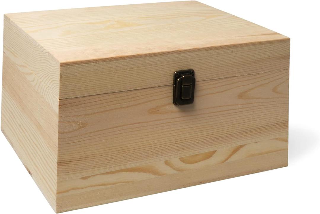10.71x8x5.66-Inch Unfinished Wooden Box with Hinged Lid & Front Clasp for DIY Art Project Crafts Woodcraft Keepsake - Easy to Stain Paint Wood Burning