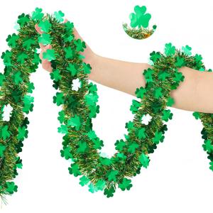 50FT St Patrick's Day Tinsel Garland, Green Gold Shamrock Clover Garland, Shiny Metallic Hanging Shamrock Streamer St Patricks Day Decorations Irish Decor