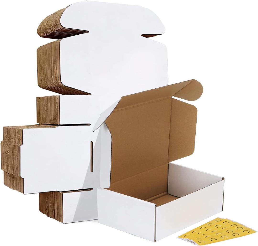 HORLIMER 9x6x3 inches Shipping Boxes Set of 25, White Corrugated Cardboard Box Literature Mailer, 25 Stickers Included