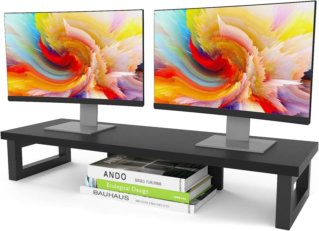 WESTREE Dual Monitor Stand Riser, Wood and Steel Monitor Stand Riser, Computer Monitor Stand for 2 Monitors, Multi-Purpose Desktop Storage Stand for Computer,Laptop,Printer,TV (Large, Black)