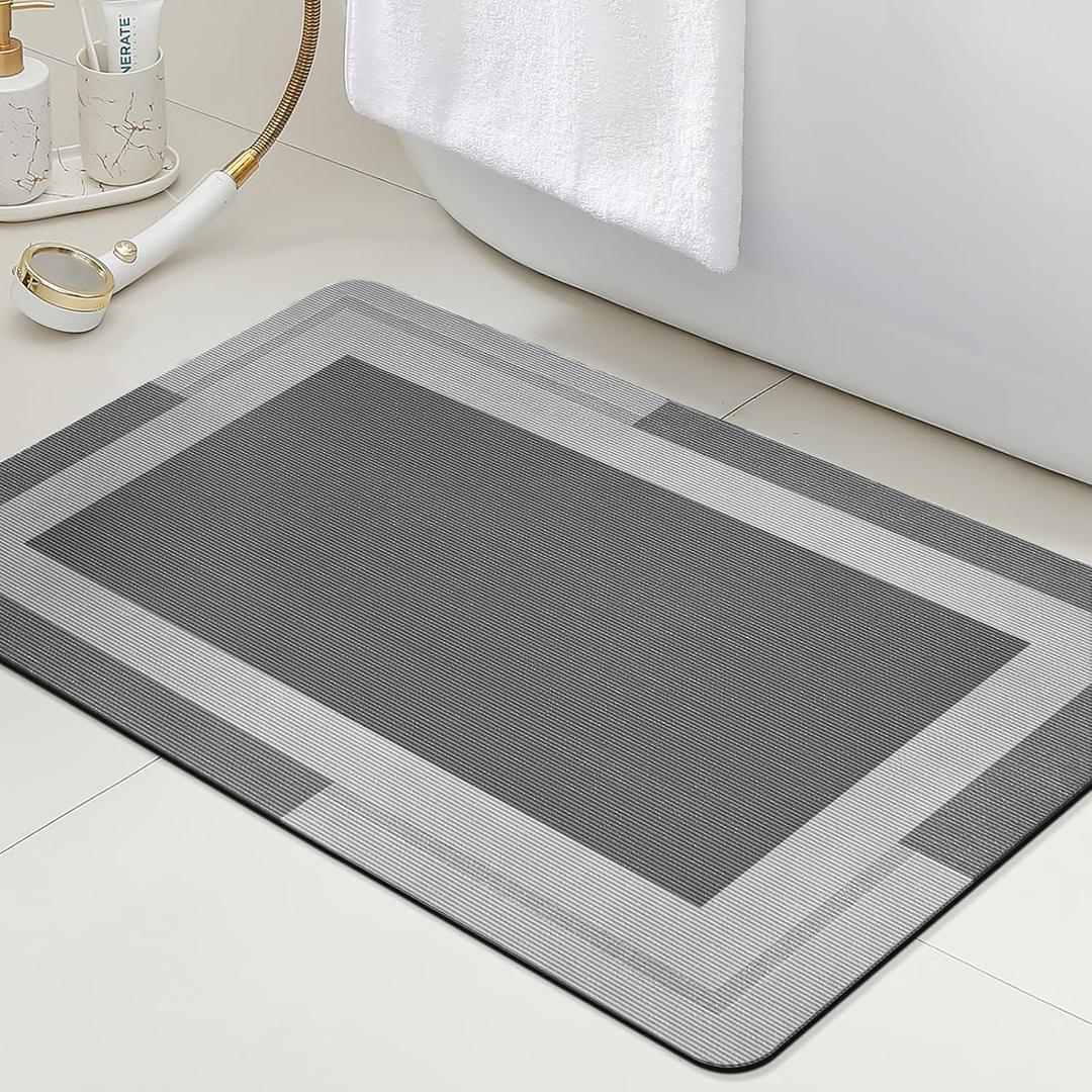 Ultra Thin Bath Mat, Upgrade Backing Non Slip Thin Bath Mats Fit Under Door, Quick Dry Ultra Absorbent Bathroom Rugs, Machine Washable Bath Rugs for Bathroom, Bathtub & Kitchen, Grey/Bordered/32"x20" (1'8" x 2'8" (Rectangular))