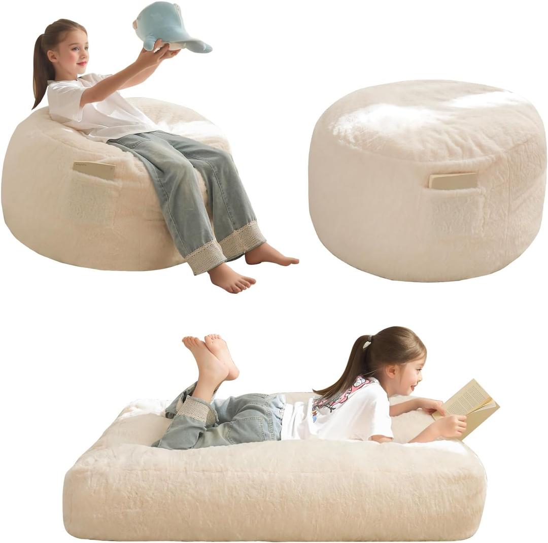 MAXYOYO Bean Bag Chair Bed for Kids, Convertible Bean Bag Folds from Lazy Chair to Floor Mattress Bed, Stuffed Floor Sofa Couch Sofa Bed for Boys and Girls, High-Density Foam Filling, Beige (Faux Fur - Beige)