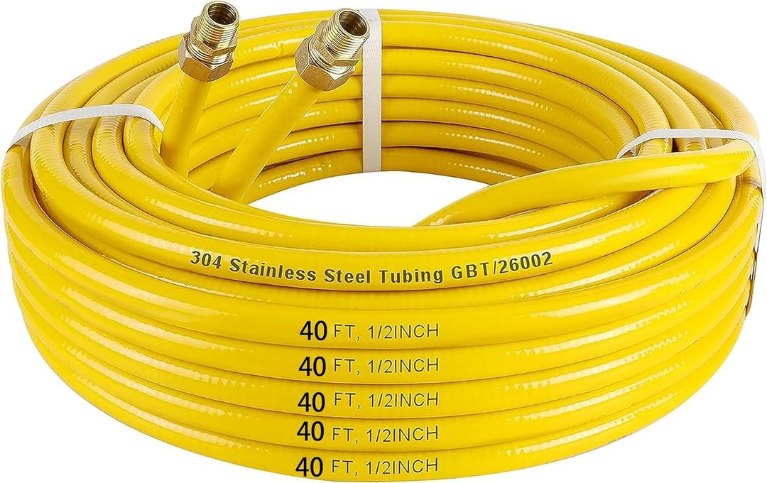 40FT CSST 1/2'' Gas Line Hose, 1/2 Inch Flexible Gas Line Hose for Natural Gas and Propane, Corrugated Stainless Steel Tubing Pipe with 2 Male Adapter Fittings
