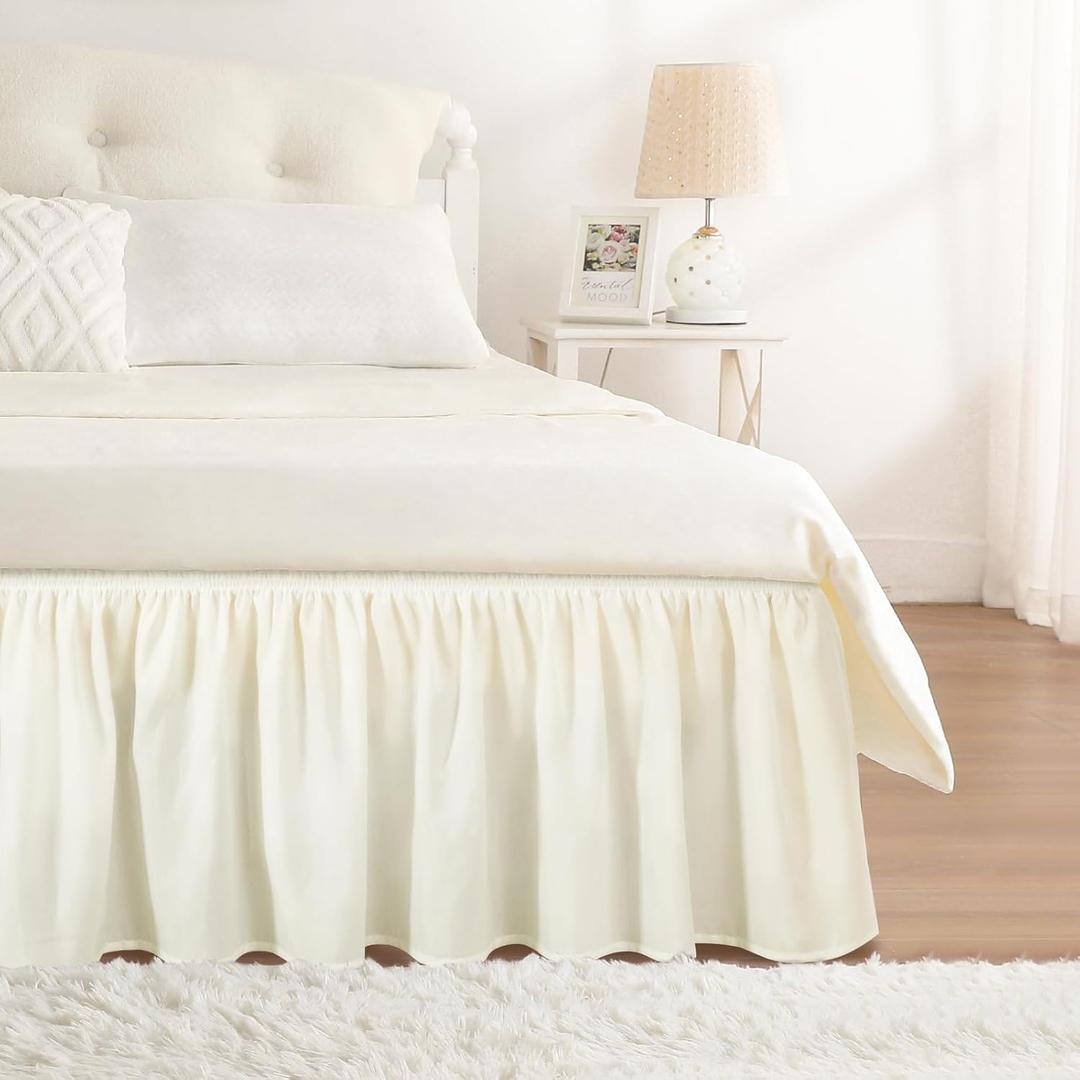 RIMELA Ivory White Bed Skirt Queen Size 12 Inch Drop, Wrap Around Elastic Adjustable Bedskirt, Bed skirting Dust Ruffle for Bed Frame & Box Spring Soft Durable Fabric Machine Washable Easy to Install
