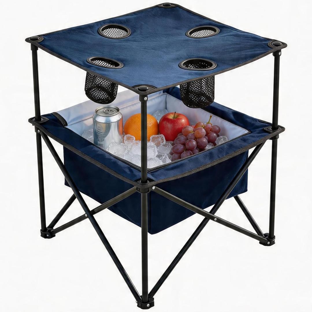 Portable Outdoor Folding Camping Table with 4 Cup Holders & Cooler Compartment, Waterproof Picnic Table for Picnic, BBQ, Beach, Hiking (Navy Blue), 1 PCS