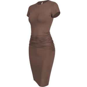 Laughido Women's Short Sleeve Ruched Bodycon Sundress Knee Length T Shirt Dresses 2025 Trendy Casual Outfits (Coffee, XS)