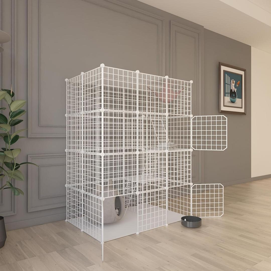 Indoor Cat Cage Enclosure DIY,Cat Playpen Catio Thick Metal Wire Kennels for 1-3 Cats Kitten Cage Detachable Patio Cat Crate (White, 41" L x 28" W x 55" H)