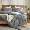 Striped Duvet Cover Set King Chic Linen Like Textured Bedding Set 100% Washed Cotton Comforter Cover for All Seasons 3 Pcs Breathable Durable Comfy (Dark Grey White Wide Pinstripes, King)