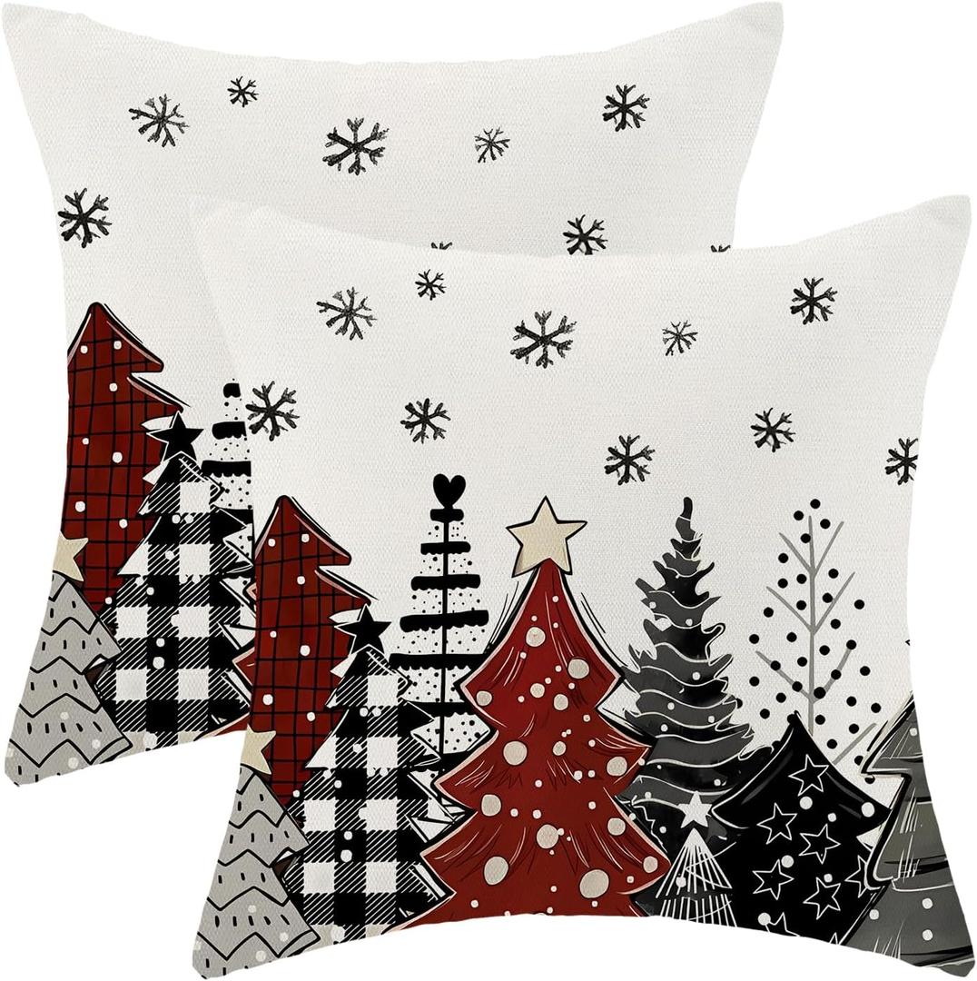 Christmas Pillow Covers 20x20 Inch Set of 2 Red Black Grey ChristmasTrees Throw Pillowscase, Xmas SnowflakesHoliday Outdoor Decorative Farm house Winter DecorCushionCovers for Home Sofa Bed