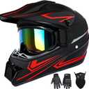 Youth Kids Motocross Helmet, Adult ATV Dirt Bike Helmet with Goggles Gloves & Mask Quick, Full Face Motorcycle Helmet with Quick Release Buckle DOT Certified (Large, Red)