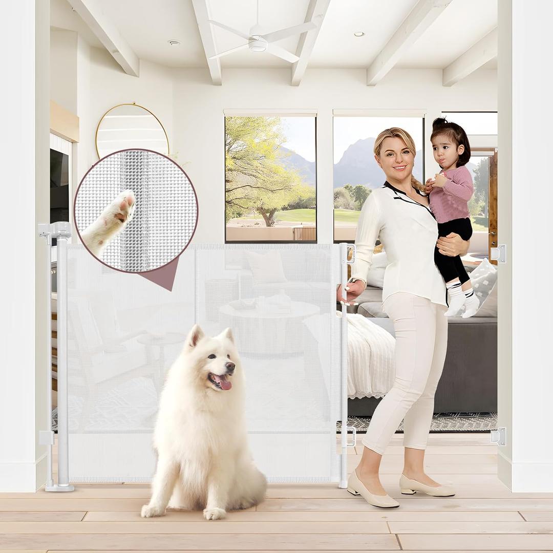 Reinforced Extra Tall Pet Gate 41 Inch, 55 Inch Wide Retractable Baby Gates with Support Rods Prevents Crawling Under, White