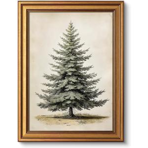 VIYYIEA Gold Framed Canvas Art, Vintage Christmas Tree Decor, 12x16Inch, Winter Retro Pine Picture Painting Gifts, xmas Decorations for Bedroom Living Room Shelf Fireplace