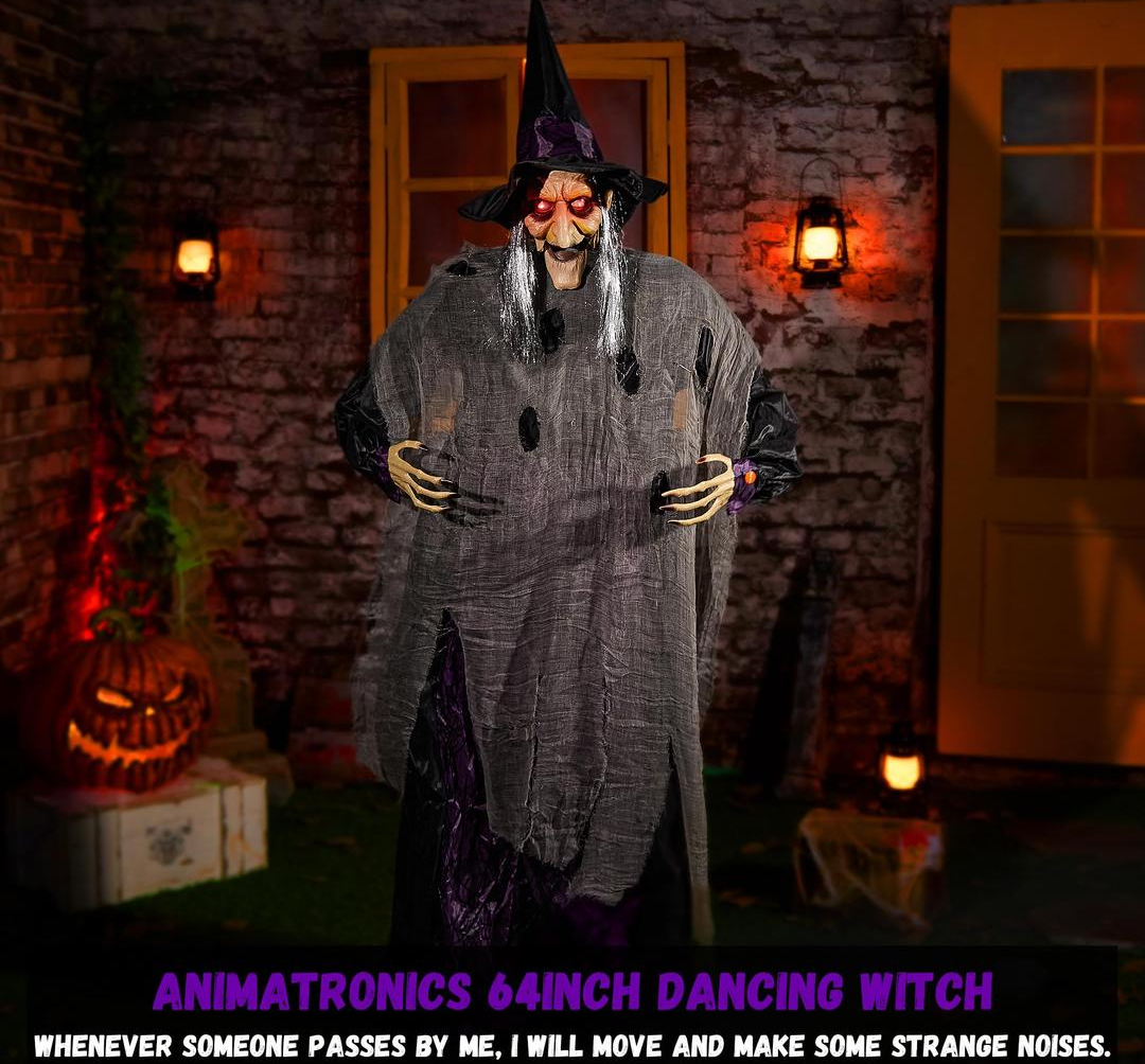 ELAMAS Animatronics 64 inch Dancing Witch Halloween Decorations - Sound Activated with Creepy Sound, Spooky Move, Light Up Eyes, Haunted House Scary Decor Horror Prop for Indoor, Outdoor, Yard Lawn