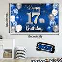 Happy 17th Birthday Decorations,17th Blue & Silver Balloon Large Birthday Banner Backdrop Sign,Cheers to Seventeen Years Old Bday Party Supplies.