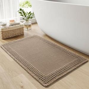 RESARE Waffle Bath Mat, Super Absorbent Non Slip, Machine Washable, Ultra Soft Boho Bath Rugs with Tassels, Upgraded Bordered Design, 17"x24" Brown Pack Of 2