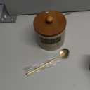 LYEOBOH 15OZ Sugar Bowl, Sugar Dish, Rustic Sugar Container with Wood Lid and Spoon for Coffee Bar, Dishwasher Safe, Stainless Steel Spoon - Farmhouse Kitchen Decor Housewarming Gift, Beige