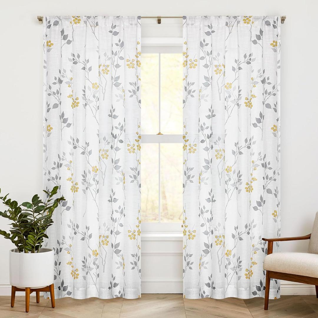 Beauoop Floral Linen Semi Sheer Curtains 84 Inches Long 2 Panels for Living Room Bedroom Yellow Grey Farmhouse Flower Patterned Light Filtering Textured Rod Pocket Window Treatments Drapes, 50x84