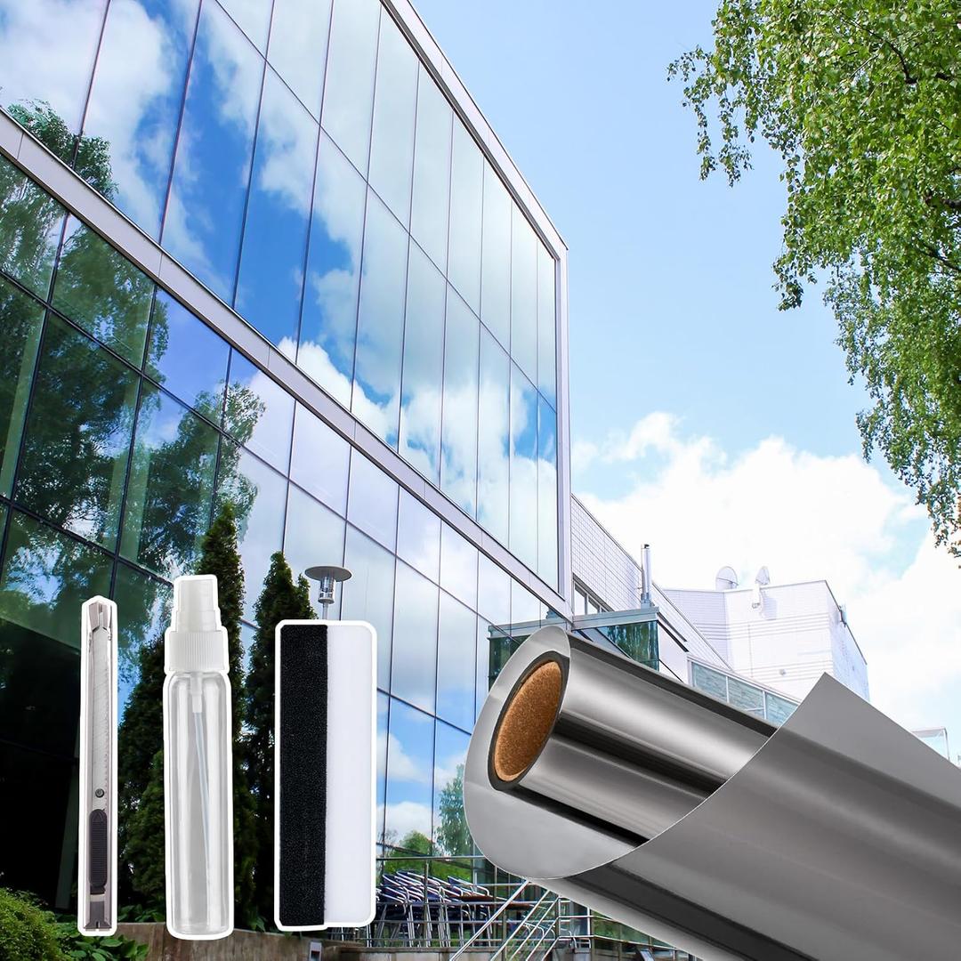 Windimiley One Way Privacy Window Film, Reflective Window Tint for Home, Heat Control Sun Blocking Mirror Window Film See Out Not in Door Window Covering with 3 Tools (23.6Inch x 6.5Feet, Black)