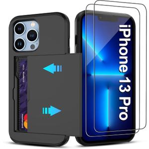 Pilaru for iPhone 13 Pro Case with Card Holder2 Pcs HD Screen Protector Slim Heavy Duty Dual Layer Shockproof DesignHidden Card Slot  Wallet Case for iPhone 13 Pro Phone Case -Black