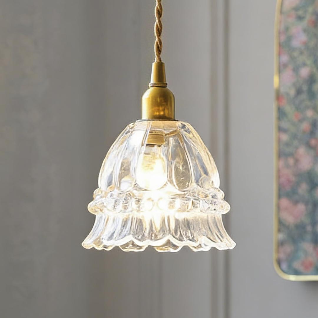 Flower Glass Pendant Light for Kitchen Island Retro Antique Pendant Lighting Vintage Gold Single Petal Ceiling Hanging Lamp Mini Modern Chandelier for Dining Room Bathroom Bedroom Farmhouse