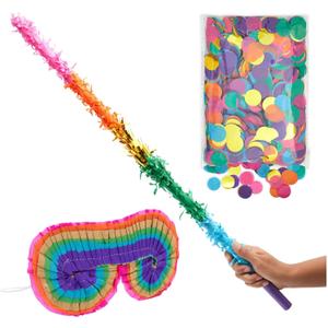 BLUE PANDA 30-Inch Rainbow Pinata Stick with Rainbow Blindfold and Colorful Confetti - Pinata Bat for Birthday Party Supply