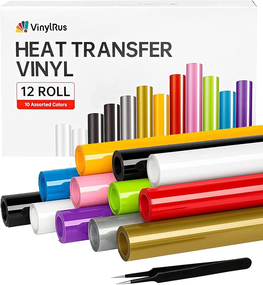 VinylRus Heat Transfer Vinyl Bundle 12 Roll-12 x 5ft Iron on Vinyl Roll for Shirts,HTV Vinyl for Silhouette Cameo, Easy to Cut & Weed (Multicolor-12 Pack)