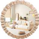 35" Wood Round Mirror, Rustic Wall Mirror with Thick Frame, Large Round Mirrors for Wall Decor, Wooden Circle Beveled Mirrors for Entryway, Farmhouse, Washed White
