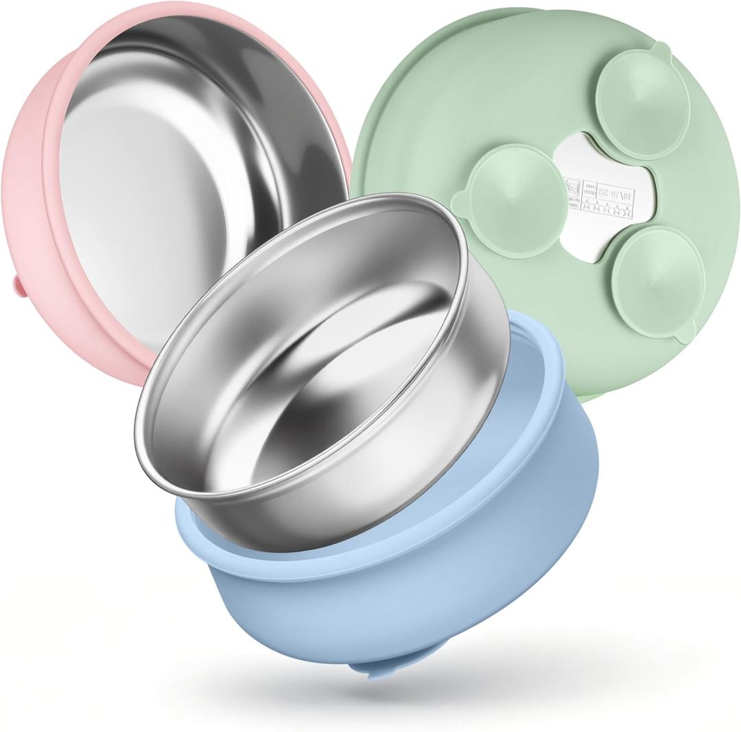 HaWare Baby Bowls with Suction, Stainless Steel Toddler Bowl with Removable Silicone Sleeve, Non-Slip Child Food Bowl with Silicone Suction, Unbreakable Kids Bowls for Feeding, Blue+Green+Pink, 3 Pack