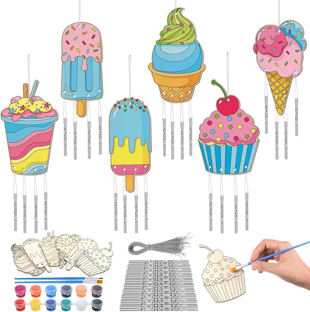Silipull 24 Sets Summer Wind Chimes Craft for Kids Color Your Own Ice Cream Windchime DIY Unfinished Wood Hanging Ornaments Coloring Wind Chime for Kids Gifts School Home and Party Supplies