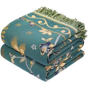 VANJOROY Boho 100% Organic Cotton Large Throw Blanket 50" x 60" - All Season Rustic Ultra Soft Breathable Floral Bird Blanket for Bed Sofa Couch Chair Bedspread Quilt Gift-Teal,Beige