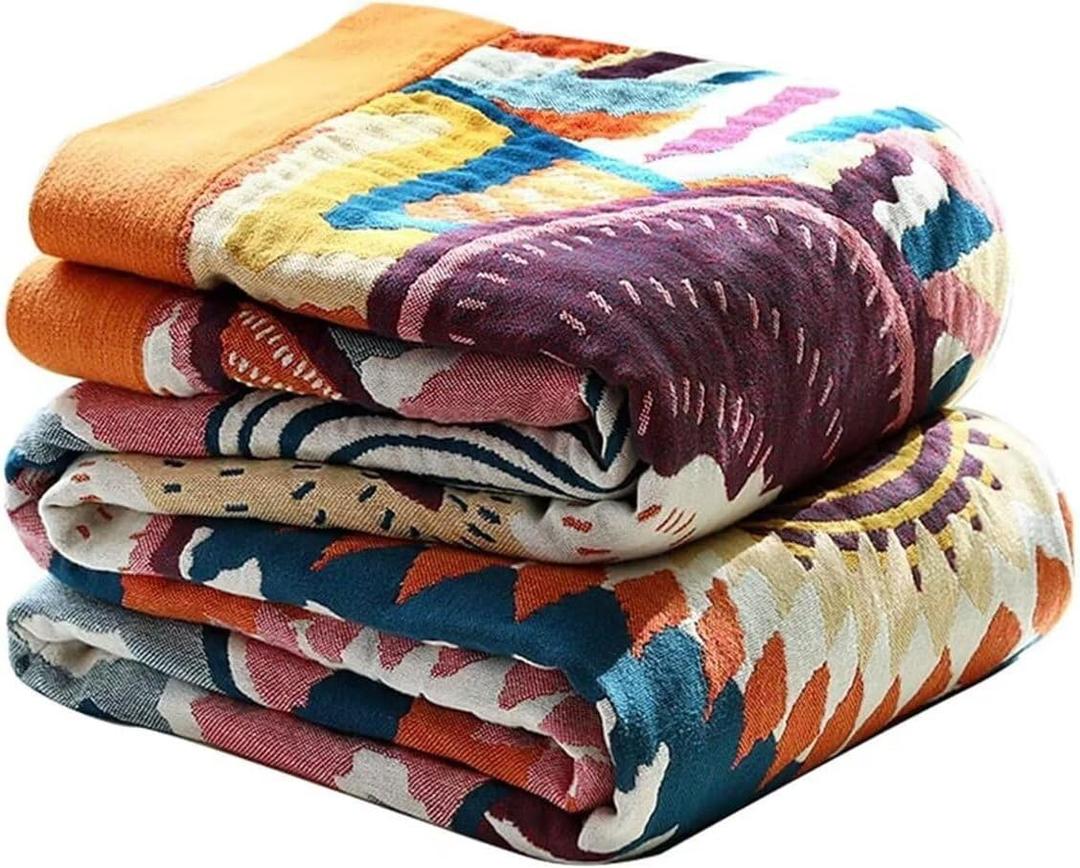 Boho Spring Throw Blanket for Bed Couch, 100% Cotton Bohemian Cotton Blankets, Ultra Soft Woven Muslin Blankets Travel Picnic Versatile Knitted Blanket for Sofa Chair, 50"x60" (K-colorful World)