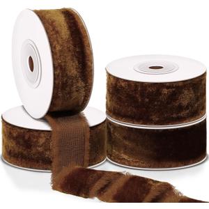 Preboun 4 Rolls Christmas Velvet Ribbon for Gift Wrapping 24 Yards Total Frayed Edge Velvet Silk Ribbon for Christmas Wedding Baby Shower DIY Crafts Decor(Orange Copper,1 Inch)