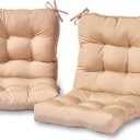 Tufted Outdoor Chair Cushions – Hinged One-Piece Design, Reversible Patio Seat & Back Cushion with Ties, Durable Polyester Fabric, Recycled Polyfiber Fill, Set of 2, Stone