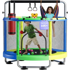 55" Toddler Trampoline for Kids Ages 38 Indoor & Outdoor Kids Trampoline Anti-Tilt Frame, Adjustable Gym Bar, Basketball Hoop, Ocean Balls, Boxing Bag, Hammock & Boxing Gloves