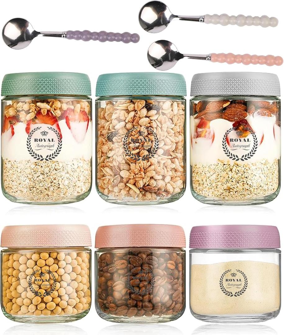 6 Pack Overnight Oats Jars with Lids & Spoons  16oz & 10oz Glass Mason Jars, Wide-Mouth Airtight Meal Prep Containers for Yogurt, Chia Pudding & Snacks