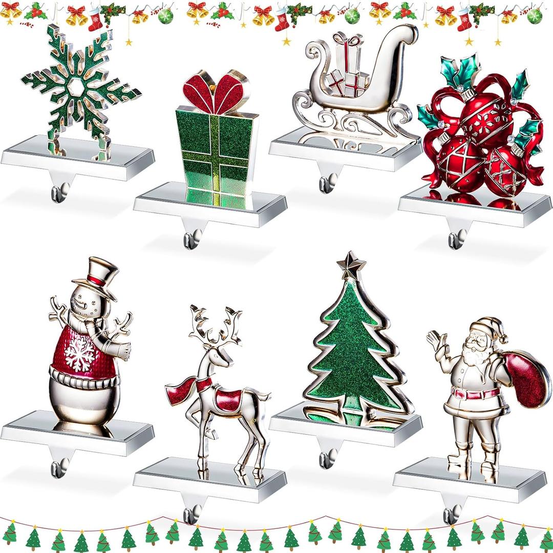 Therwen Set of 8 Christmas Stocking Holder Fireplace Stocking Hooks Mantel Snowman Snowflakes Xmas Tree Deer Christmas Hooks Decoration for Fireplace Shelf Staircases Party(Retro Style, Multicolor)