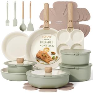 CAROTE 25pcs Pots and Pans Set Non Stick, Cookware Sets, Kitchen Set, Oven/Dishwasher/Fridge Safe, Space Saving Pots Set, Nonstick Set with Versatile Detachable Handle, Induction RV Set, Green CAROTE 25pcs Pots and Pans Set Non Stick, Cookware Sets, Kitchen Set, Oven/Dishwasher/Fridge Safe, Space Saving Pots Set, Nonstick Set with Versatile Detachable Handle, Induction RV Set, Green