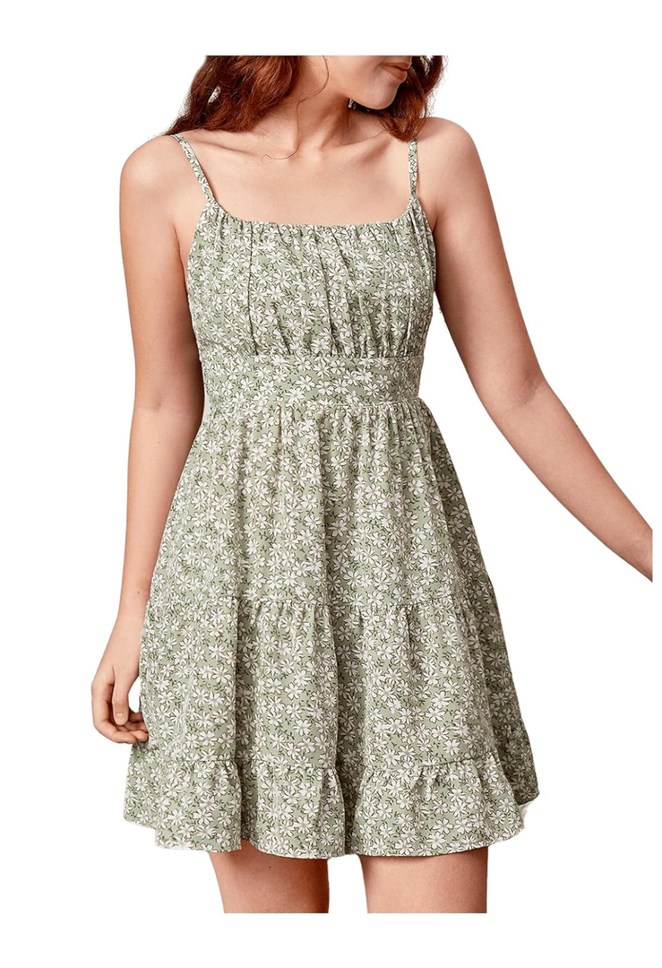 Girl's Summer Dress Floral Ruffle Hem Spaghetti Strap Ruched Bust Cami Short Dress Sundress