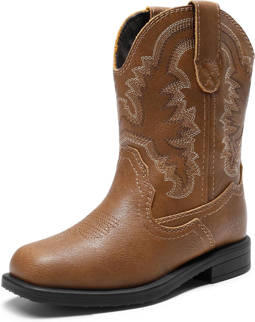 DREAM PAIRS Toddler Little Boys Girls Cowboy Boots Kids Western Square Toe Riding Mid Calf Boots (Brown)