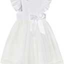 Toddler Girls Ruffle Sleeve Tulle Dress Elastic Waist Bow Kid Casual Sundress, Size 120