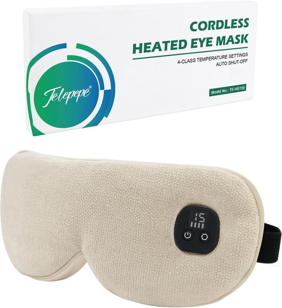 Heated Eye Mask for Dry Eyes, Cordless Warm Eye Compress with 4 Heat Levels, 4-Level Timing, 1000mAh Rechargeable, Blepharitis, Styes, Washable Cover, Travel, Gifts for Family(Beige)