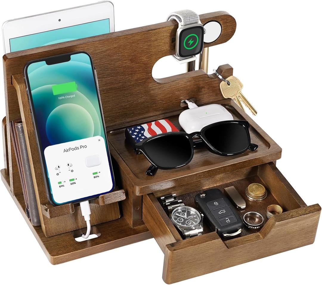 Gifts for Men Him Husband Dad, Wood Phone Docking Station with Drawer, Christmas Xmas Birthday Anniversary Men Him Husband Boyfriend Gifts from Girlfriend, Mens Nightstand Organizer Presents Ideas Gifts for Men Him Husband Dad, Wood Phone Docking Station with Drawer, Christmas Xmas Birthday Anniversary Men Him Husband Boyfriend Gifts from Girlfriend, Mens Nightstand Organizer Presents Ideas