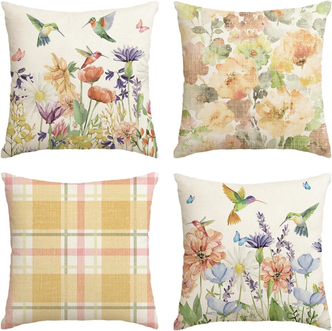 AVOIN colorlife Hummingbird Spring Flowers Throw Pillow Covers, 18 x 18 Inch Watercolor Orange Summer Cushion Case Decoration for Sofa Couch Set of 4